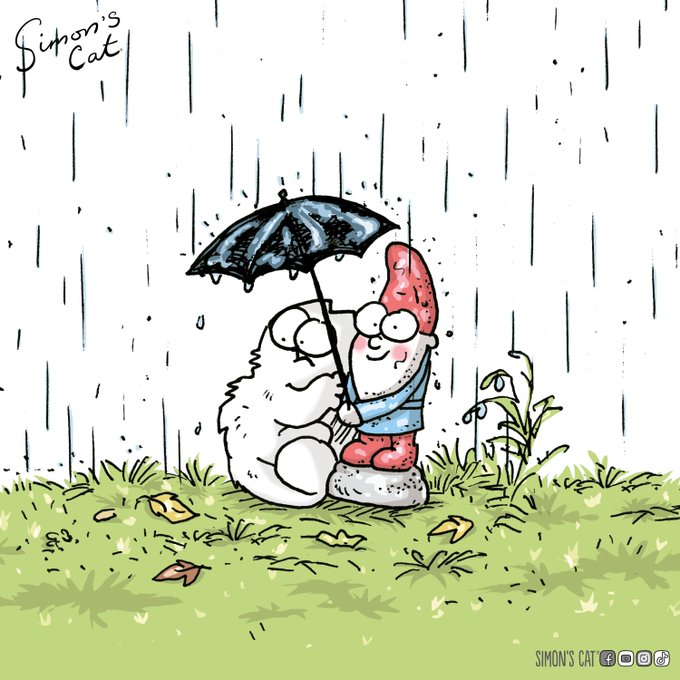 The image shows a Simon's Cat cartoon featuring a small white cat sheltering under a black umbrella alongside a garden gnome in the pouring rain, with the text "Simon's Cat" in the top-left corner and "SIMON'S CAT" with social media icons in the bottom-right. The caption "Saved up for rainy days" humorously plays on the umbrella providing protection, with the cat cleverly "saving" the gnome from getting wet.