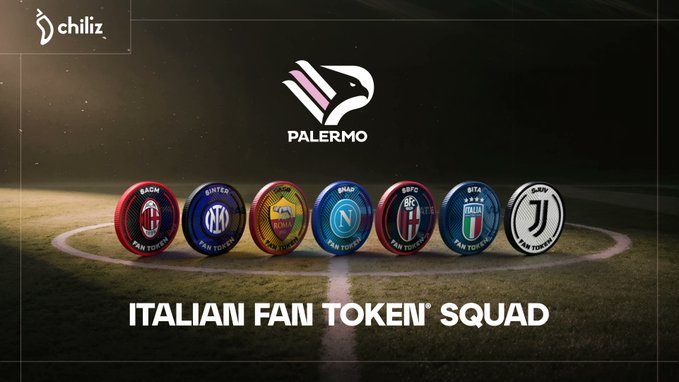 The image features a lineup of seven circular fan token icons representing Italian football clubs (Roma, Inter, AS Roma, Napoli, Bologna, Italia, and Juventus) displayed on a soccer field under the Palermo FC logo, with the text "ITALIAN FAN TOKEN® SQUAD" prominently shown—visually reinforcing the post's message about expanding Italy's onchain fan token ecosystem through Chiliz Chain, with Palermo FC as the newest addition.