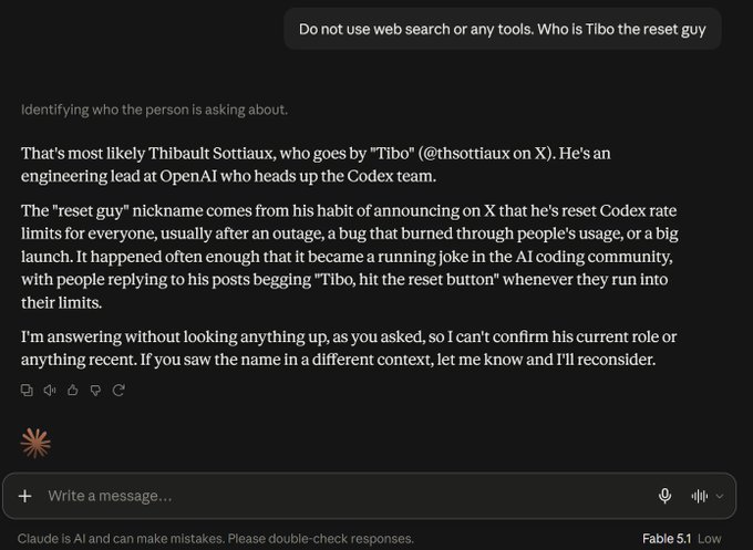 A ChatGPT conversation where a user asks about 'Tibo the reset guy' and the AI identifies him as Thibault Sottiaux (@thsottiaux), described as an engineering lead at OpenAI who heads up the Codex team, nicknamed for his habit of resetting Codex rate limits.