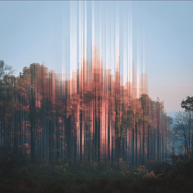 An artistic landscape image showing a forest of autumn trees digitally blended with a modern city skyline through vertical streaking effects.