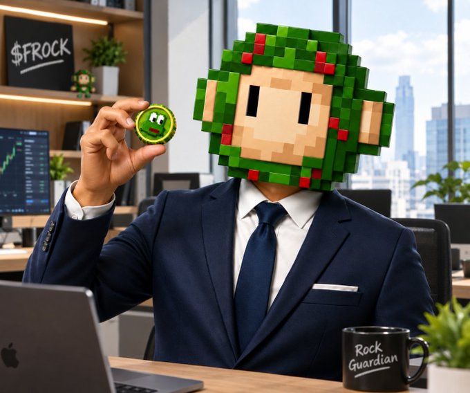 A businessman in a suit and tie holds up a green pixelated coin while wearing a large pixel-art green head mask; a mug on the desk reads 'Rock Guardian'.