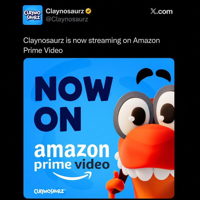 A social media post from Claynosaurz (@Claynosaurz) announcing that their content is "Now streaming on Amazon Prime Video," featuring a blue promotional graphic with the Amazon Prime Video logo alongside a cartoonish orange clay-like dinosaur character, tied to a live stream announcement celebrating the team's viral success with over 7,000 posts.