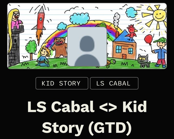 A colorful childlike illustration featuring a princess on a tower, rocket, rainbow, sun, and various cartoon characters surrounds a gray placeholder avatar, with buttons reading "KID STORY" and "LS CABAL" above the title "LS Cabal <> Kid Story (GTD)" — promoting the free mint collaborative NFT collection on Robinhood between LS Cabal and Kid Story.
