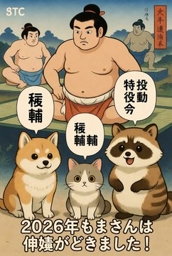 A humorous Japanese-style illustration with text including 'STC', '大相撲場所', '特役分', '援助', and '2026年もまさんは仲良しどさまでした！' depicting sumo wrestlers and cute cats/dogs.