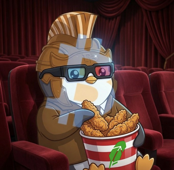 A cartoon penguin wearing 3D glasses and a Roman-style gladiator helmet sits in a movie theater holding a bucket of popcorn chicken, illustrating the playful "Robinhood eco is popcorn chicken" thesis.