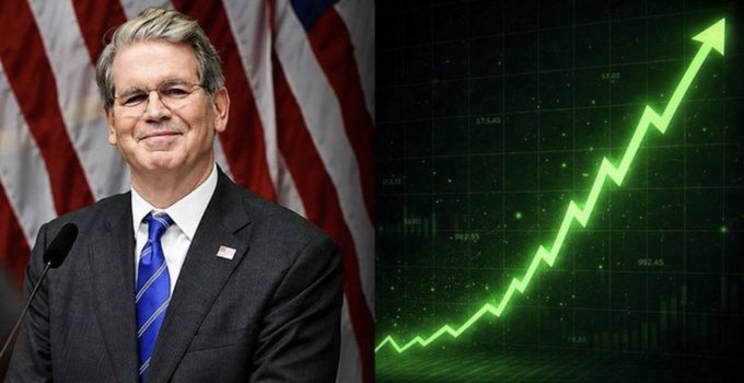 A man in a suit and blue tie stands at a podium in front of an American flag, paired with a green stock chart showing an upward-trending arrow and rising values.