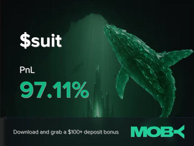 A promotional graphic for Moby Mobile features a whale composed of green crystals alongside the text "$suit" and a highlighted PnL of "97.11%", with a bottom banner offering a "$100+ deposit bonus." The image visually celebrates the trader's 97.11% profit on the $suit token, reinforcing the win alert with imagery symbolizing significant gains.