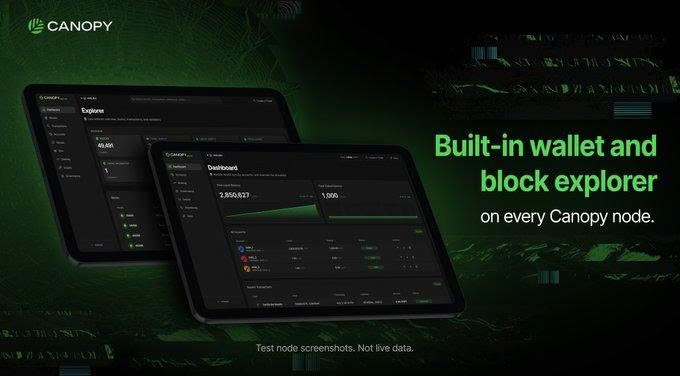 An advertisement for 'CANOPY' showcasing its 'Built-in wallet and block explorer on every Canopy node,' with screenshots of its dashboard and explorer interfaces on tablets.