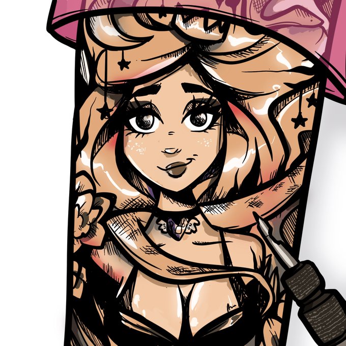An anime-style illustration of a girl with long, wavy orange and black hair wearing a pink hat, with a tattoo machine visible on the right.