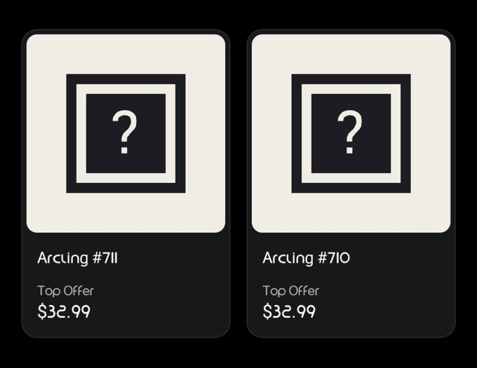 Two NFT cards for "Arcling #711" and "Arcling #710" are displayed, each with a top offer of $32.99 and a placeholder question mark image. The post celebrates minting these two Arclings NFTs and reassures followers that the guaranteed minting worked while suggesting using a VPN for those experiencing website issues.
