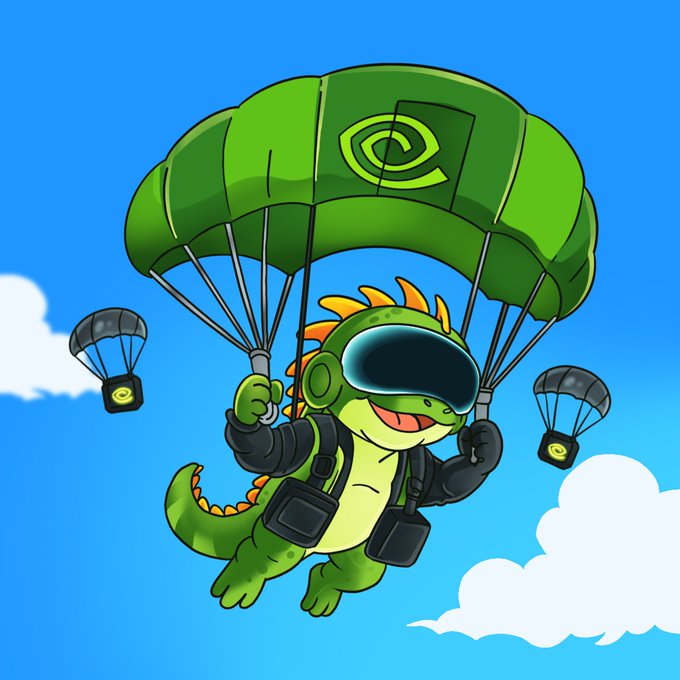 A cartoon illustration of a green dinosaur wearing a black visor and harness, parachuting through a blue sky with clouds, with two supply packages also descending below.