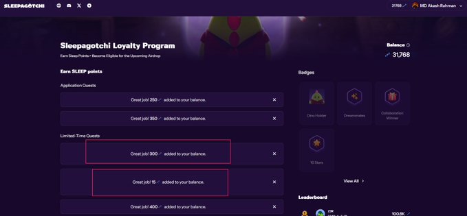Screenshot of the Sleepagotchi Loyalty Program webpage showing quests to earn SLEEP points, with a balance of 31,768 and visible tasks including 'Great job! 250 - added to your balance' and 'Great job! 15 - added to your balance.'