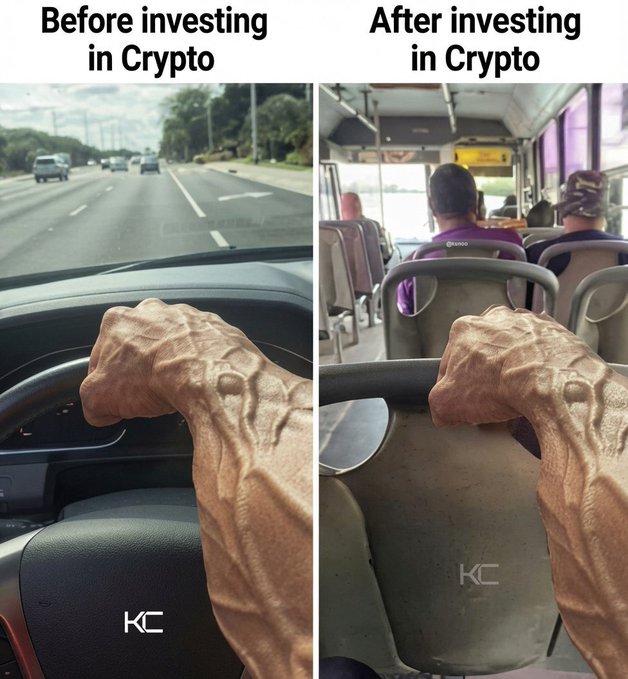 A meme titled "Before investing in Crypto" and "After investing in Crypto" showing a wrinkled, veiny hand gripping a car steering wheel on the left and a bus handrail on the right.