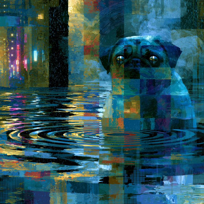 A colorful, abstract painting of a pug dog with wide reflective eyes looking down at concentric ripples spreading across water, set against a fragmented, multi-colored background.