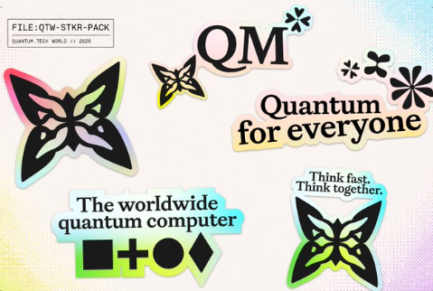 A sticker pack from Quantum_Tech_World (2026) featuring butterflies, stars, and slogans including 'QM', 'Quantum for everyone', 'The worldwide quantum computer' with basic geometric symbols, and 'Think fast. Think together.'