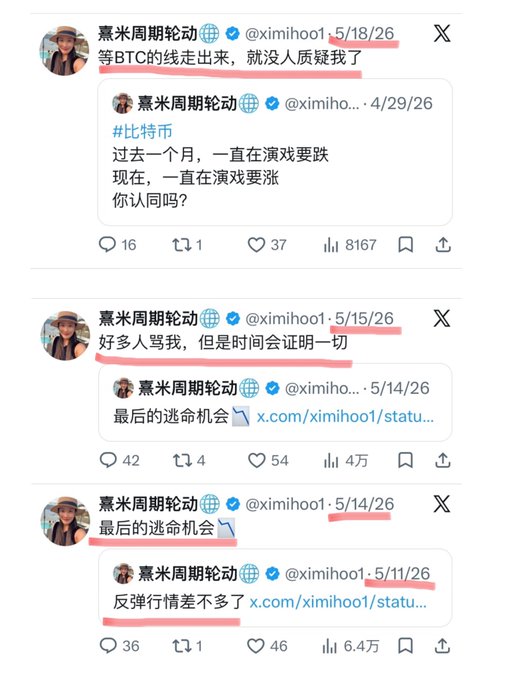 A screenshot of three tweets from analyst @ximihoo1 showing his Bitcoin price warnings from May 11-18, 2026, including posts captioned "等BTC的线走出来，就没人质疑我了" (Once BTC's chart plays out, no one will doubt me anymore), "最后的逃命机会" (Last chance to escape), and "好多人骂我，但是时间会证明一切" (Many people are cursing me, but time will prove everything), highlighting his contrarian bearish calls that preceded a drop to 60k.