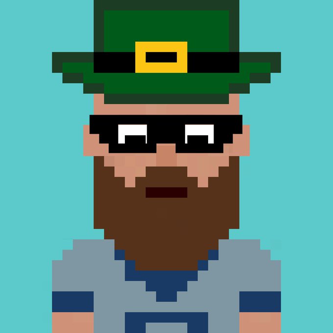 A pixel art character resembling a leprechaun with a green top hat, pixelated sunglasses, brown beard, and blue overalls against a teal background.