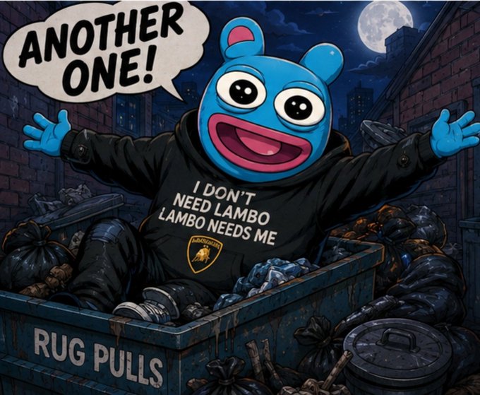 A cartoon illustration shows a blue bear-like character with three eyes wearing an 'ABSOLUTION' hoodie that reads 'I DON'T NEED LAMBO LAMBO NEEDS ME,' popping out of a dumpster labeled 'RUG PULLS' while saying 'ANOTHER ONE!'