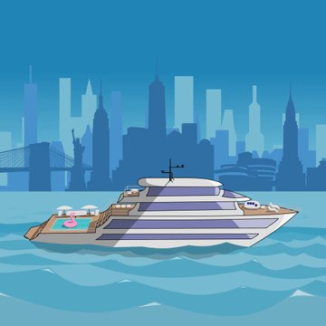 A digital illustration of a luxury yacht with a pool floats on blue waters in front of a city skyline silhouette, symbolizing the 5-year anniversary of the yacht NFT collection with only 20 remaining to be minted. The image visually represents the post's milestone celebration of the NFT project's longevity.