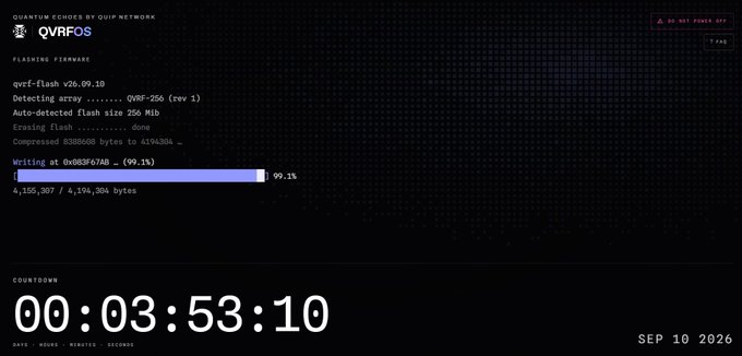A QVRF-OS flashing firmware screen showing qvrf-flash v20.09.10 detecting a QVRF-256 array with auto-detected flash size of 256 MiB, with writing progress at 99.1% (4,156,307 / 4,194,304 bytes) and a countdown timer at 00:03:53:10 dated SEP 10 2026.