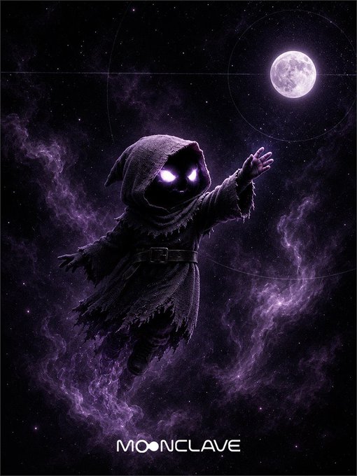 Digital artwork of a hooded, floating figure with glowing purple eyes reaching toward a full moon, with the text 'MOONCLAVE' at the bottom.