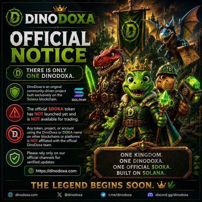 An official notice from DinoDoxa stating there is only one official $DOXA token on the Solana blockchain, warning against imitations.