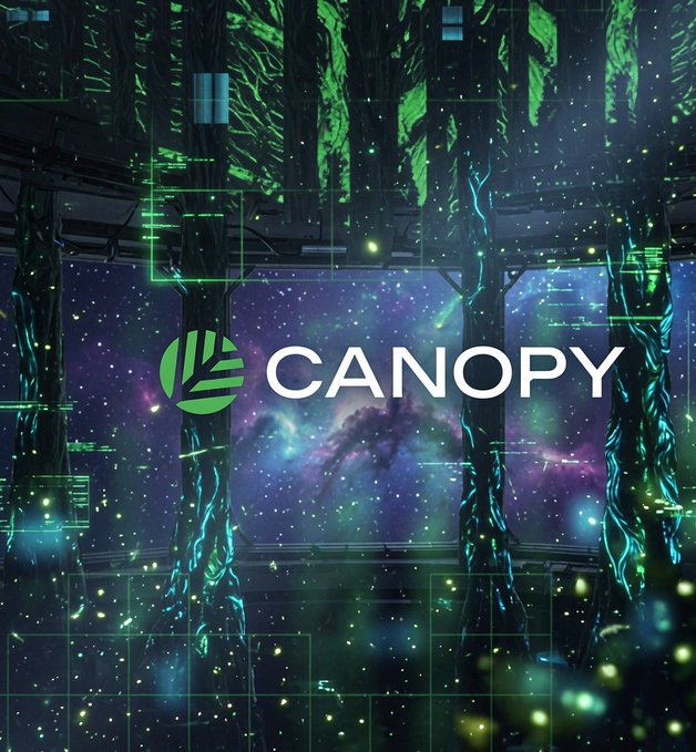 A futuristic sci-fi scene featuring tall trees with glowing green energy against a starry cosmic background, overlaid with the 'CANOPY' logo and text.