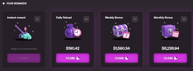 A "Your Rewards" dashboard displays four claimable bonuses: an Instant Reward ($0, unclaimed), Daily Reload ($190.42), Weekly Bonus ($1,590.34), and Monthly Bonus ($6,236.94). The image illustrates the substantial payouts the @yeet platform reportedly offers its players, aligning with the post's claim of earning over $8k in rewards in a single day through airdrop farming.