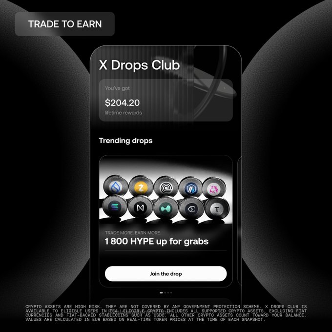 An interface for 'X Drops Club' shows lifetime rewards of $204.20, highlighting a trending drops section featuring various cryptocurrency tokens including '1 800 HYPE up for grabs'.