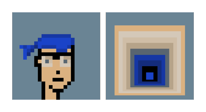 A side-by-side pixel art image shows the CryptoPunk #1895 character with a blue bandana on the left and its corresponding trait grid highlighting the Bandana attribute on the right, illustrating the NFT acquisition noted in the caption.