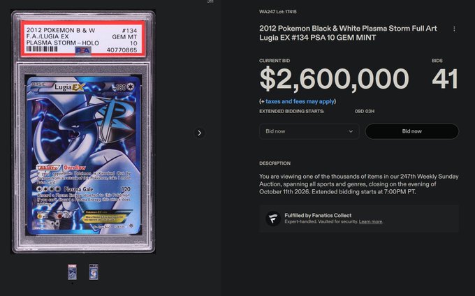A screenshot of an online auction showing a 2012 Pokemon Black & White Plasma Storm Full Art Lugia EX #134 PSA 10 GEM MINT card with a current bid of $2,600,000 and 41 bids.