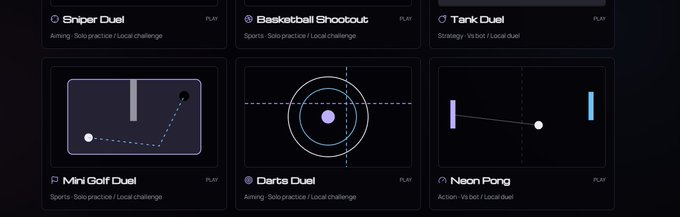 A dark-themed gaming menu displaying various game options including Sniper Duel, Basketball Shootout, Tank Duel, Mini Golf Duel, Darts Duel, and Neon Pong, each with brief gameplay previews.