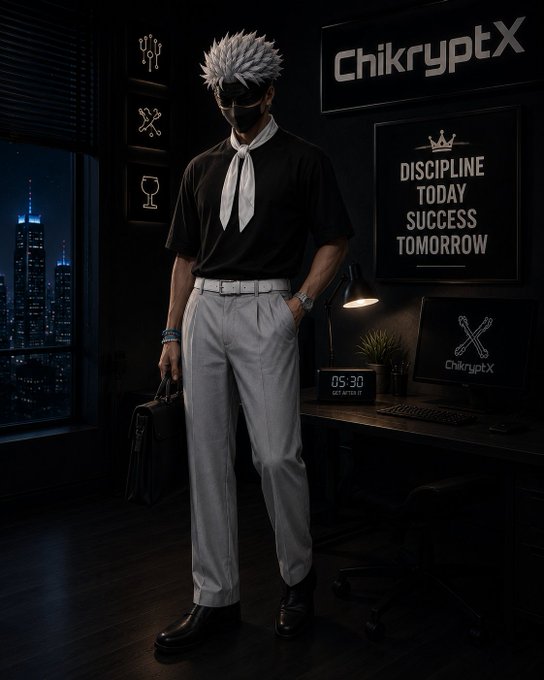 A stylized anime-style character with spiky silver hair stands in a dark office, wearing a black shirt with a white necktie, light gray trousers, and a black face mask. The room features 'ChikryptX' branding, a motivational poster reading 'DISCIPLINE TODAY SUCCESS TOMORROW,' and a digital clock displaying '05:30' beside a window overlooking a nighttime city skyline.