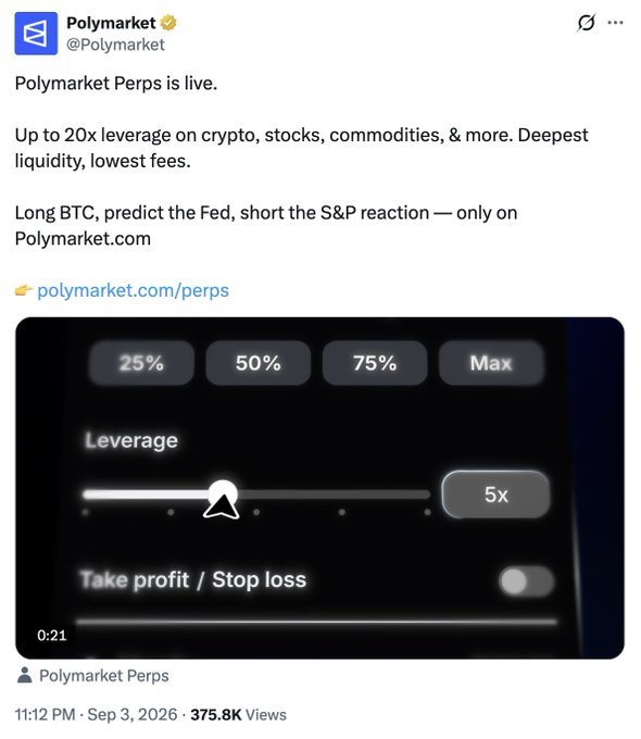A tweet from @Polymarket announcing 'Polymarket Perps is live,' offering up to 20x leverage on crypto, stocks, and commodities, with an attached video showing a leverage slider interface.