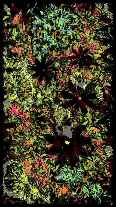 A vertical digital artwork featuring stylized, repeating dark red and black flowers surrounded by vibrant green, yellow, and pink abstract foliage against a black background.