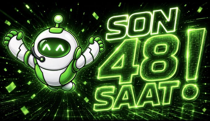 A futuristic white and green robot floats alongside bold neon green text reading "SON 48 SAAT!" (Last 48 Hours!) against a digital grid background, creating a promotional graphic that matches the post's urgent message about a 48-hour PRO trial deadline for the Quick NFT Mint Bot.