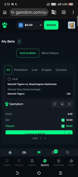 A mobile screenshot of the Gamdom sports betting website showing an active MLB bet on the Detroit Tigers vs. Washington Nationals, with odds of 1.55 and a potential payout of 96.30.