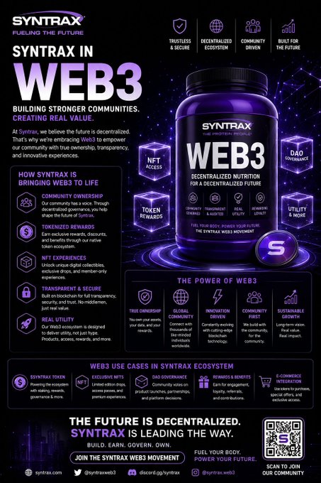 The image features a purple poster for Syntrax that promotes Web3 technology. The poster includes a blue bottle of Web3, which is the central focus of the design. The text on the poster highlights the benefits of Web3, such as decentralization, transparency, and community-driven projects. It also mentions that Syntrax is designed to reward participation in this new digital economy.