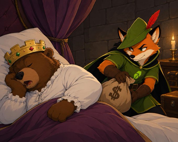 An anime/illustration style artwork showing a fox dressed as Robin Hood stealing a money bag with a dollar sign from a sleeping bear king wearing a crown, set in a medieval bedchamber with candlelight.