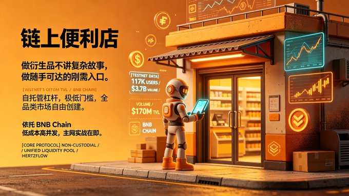 A promotional graphic titled '链上便利店' (On-chain Convenience Store) advertising a BNB Chain-based project, featuring a robot holding a tablet outside a store with stats like 'TESTNET DATA 117K USERS' and '$170M TVL'.