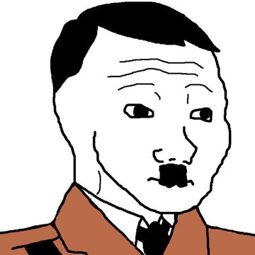 A simple black-and-white cartoon drawing of a wide-eyed man with a small mustache, wearing an orange jacket and black tie.