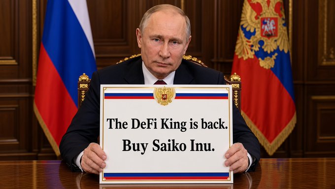 A digitally edited image of Russian President Vladimir Putin sitting at a desk between Russian flags, holding a sign that reads 'The DeFi King is back. Buy Saiko Inu.'