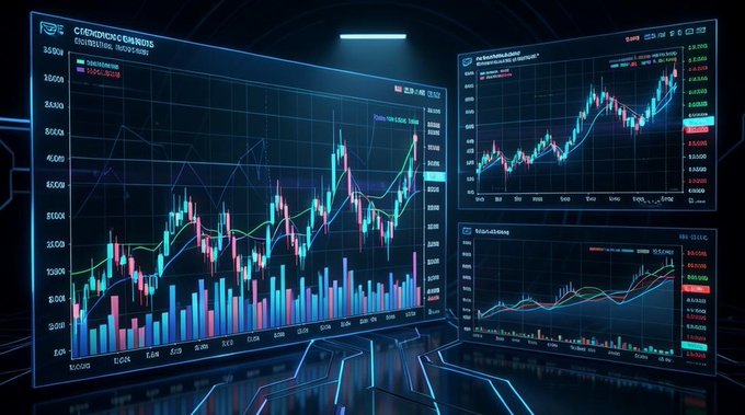 Multiple digital trading screens displaying colorful candlestick charts and stock market data in a futuristic dark setting.