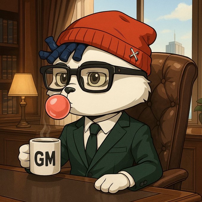 Illustrated anthropomorphic dog character in a green suit and red beanie, wearing black glasses and blowing a pink bubble gum bubble while holding a 'GM' coffee mug in a wood-paneled office.