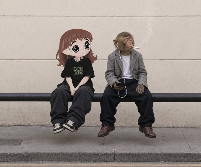 An AI-generated or composite image showing an anime-style girl wearing a 'HIKIKOMORI CONDITION' t-shirt sitting on a railing next to a monkey dressed in a blazer and pants, smoking a cigarette.