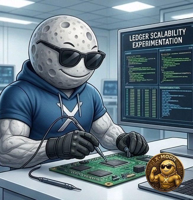 An anthropomorphic moon character wearing sunglasses and a blue XRP hoodie works on a circuit board, with a monitor displaying 'LEDGER SCALABILITY EXPERIMENTATION' behind them and an 'X-MOON' coin on the desk.