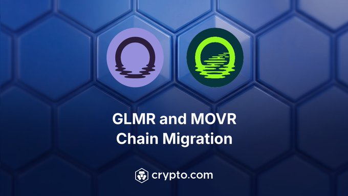 An image with a blue hexagonal background featuring the GLMR (purple) and MOVR (green) cryptocurrency logos, with text reading "GLMR and MOVR Chain Migration" and the Crypto.com logo at the bottom. The visual supports the announcement of Crypto.com facilitating the chain migration of GLMR and MOVR tokens to the Base network.