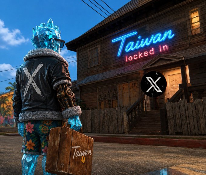 A 3D-rendered digital artwork featuring a crystalline character with a fur-collared jacket holding a 'Taiwan' suitcase, looking at a wooden building with a neon 'Taiwan locked in' sign and an X (Twitter) logo.