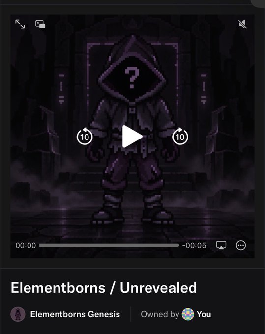 A pixel-art style NFT video titled 'Elementborns / Unrevealed' from the 'Elementborns Genesis' collection, showing a hooded character with a question mark face and countdown timers of 10 seconds on each side.