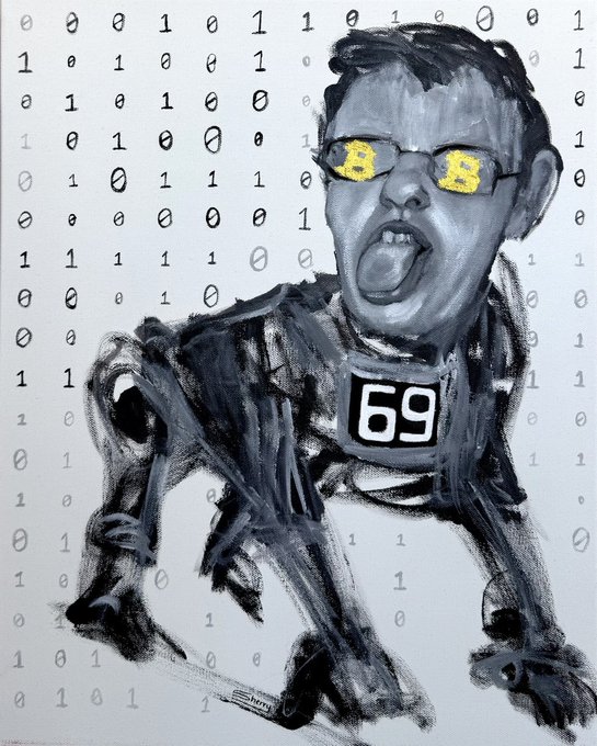 A grayscale portrait shows a person with yellow glasses featuring the number "3" on each lens, sticking out their tongue, with a chest patch displaying "69." The background is filled with binary code (0s and 1s), reinforcing the post's message "Invest in your favorite artists!" by symbolizing digital art as a unique, collectible asset.